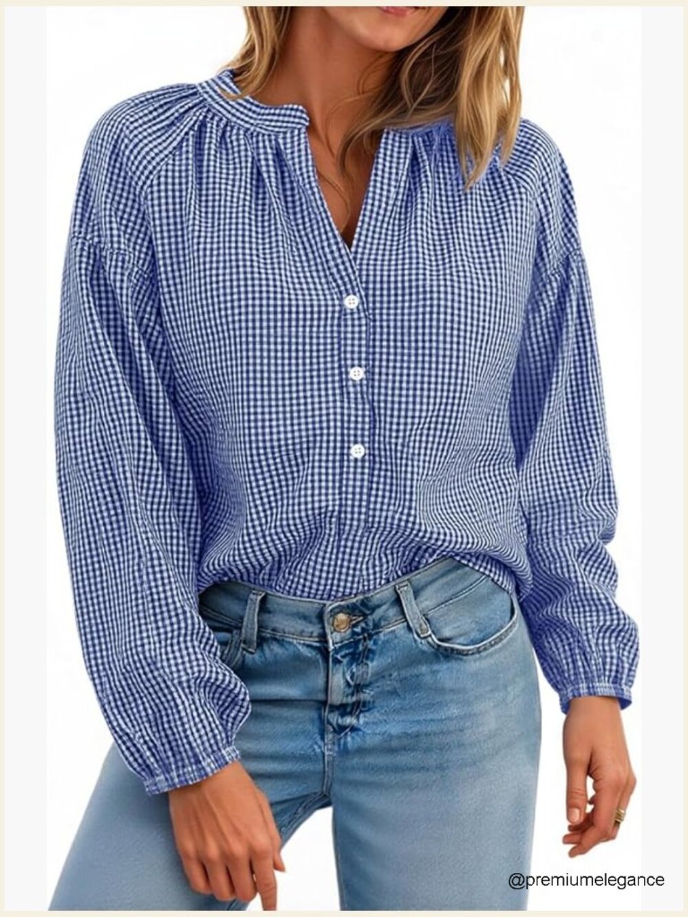 Puff Long Sleeve Button Down Blouse V Neck Gingham Pleated Loose Fit Dressy
